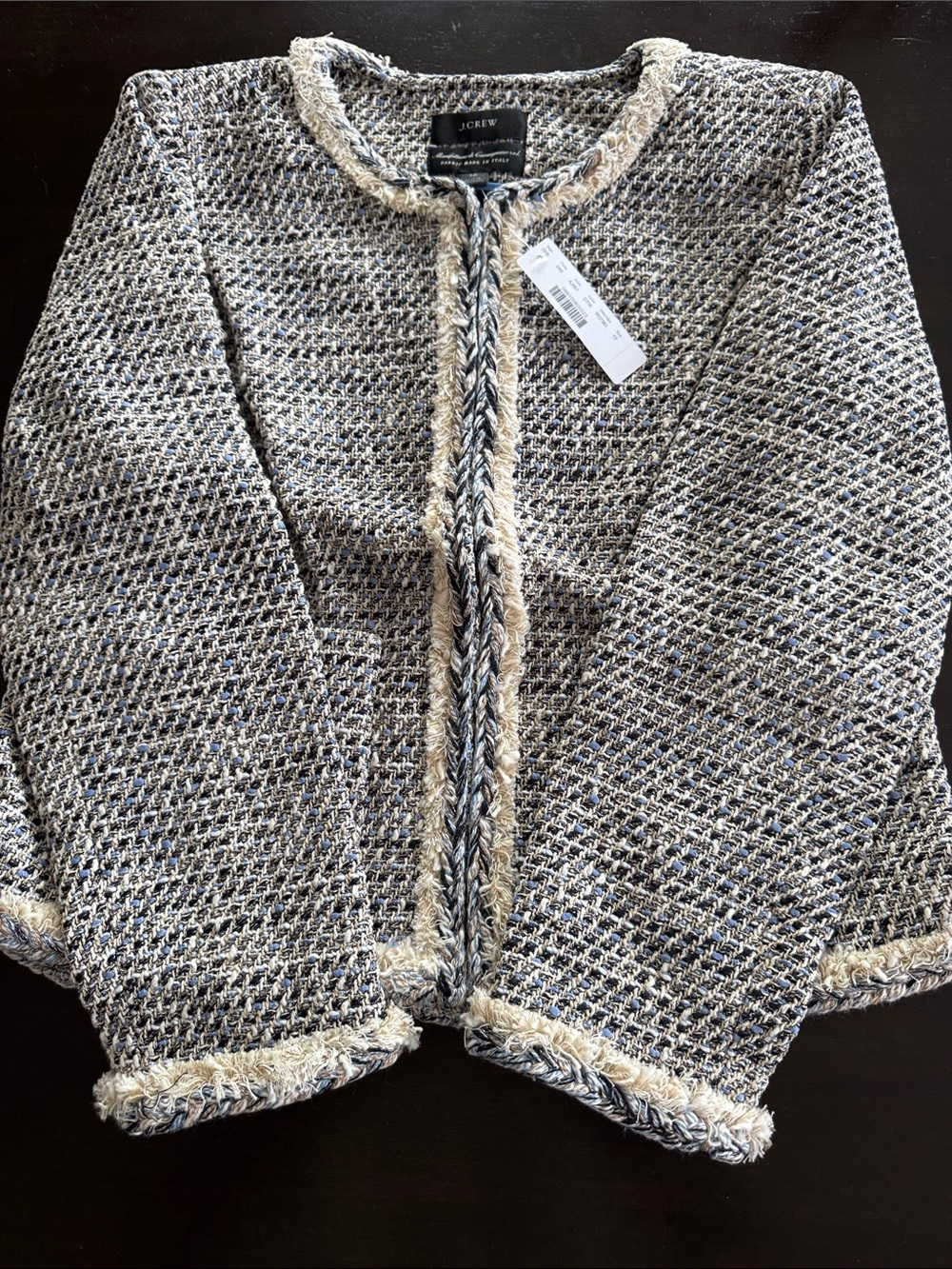 J. Crew Navy and Cream Tweed Fringe  Jacket